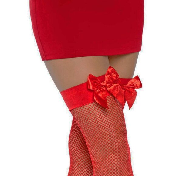 Classic Red Fishnet Thigh Highs Womens One Size OS with Satin Bow - Picture 7 of 7